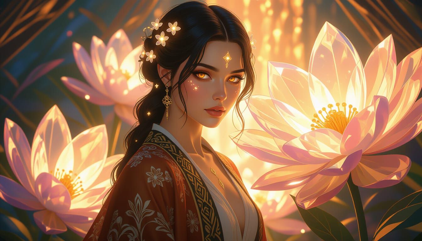 Woman with Glowing Flowers Amidst Crystal Blooms