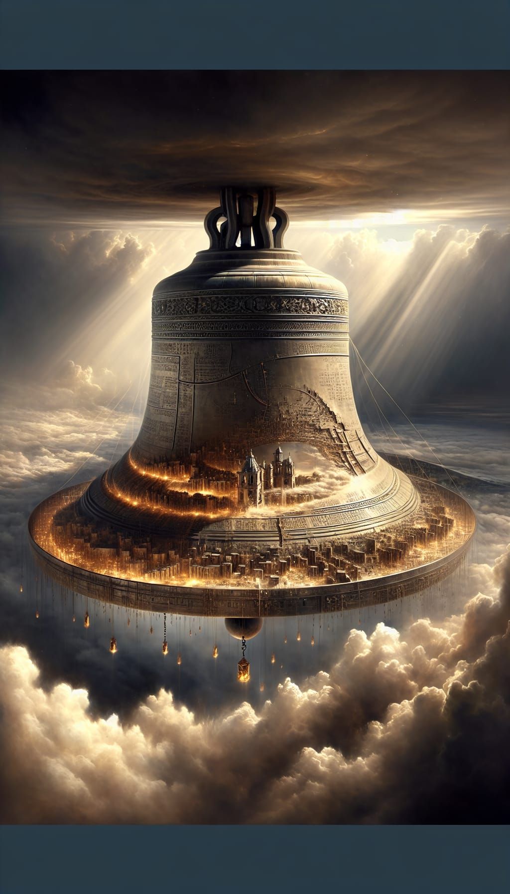 Surreal Cathedral Bell Floats Upside-Down in Stormy Sky