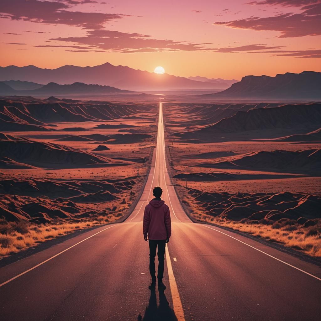 Nostalgic Sunset Landscape with Lone Figure