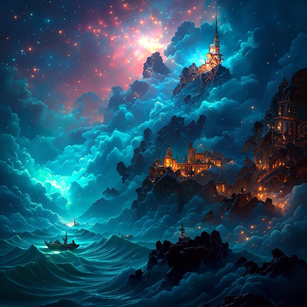 Nebula Seascape in Watercolor Style