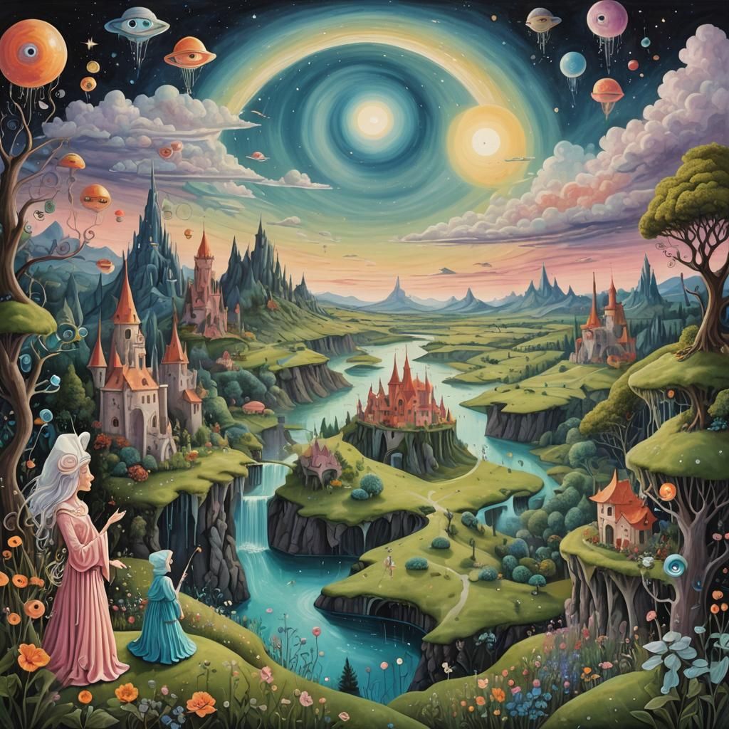 Dreamlike Fairy Godmother in Surrealist Landscape