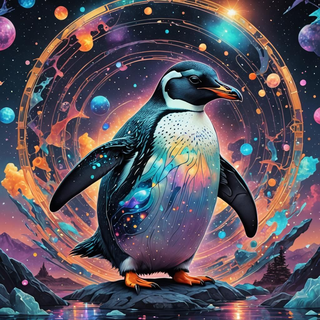Astral Penguin: Holographic Cosmic Illustration