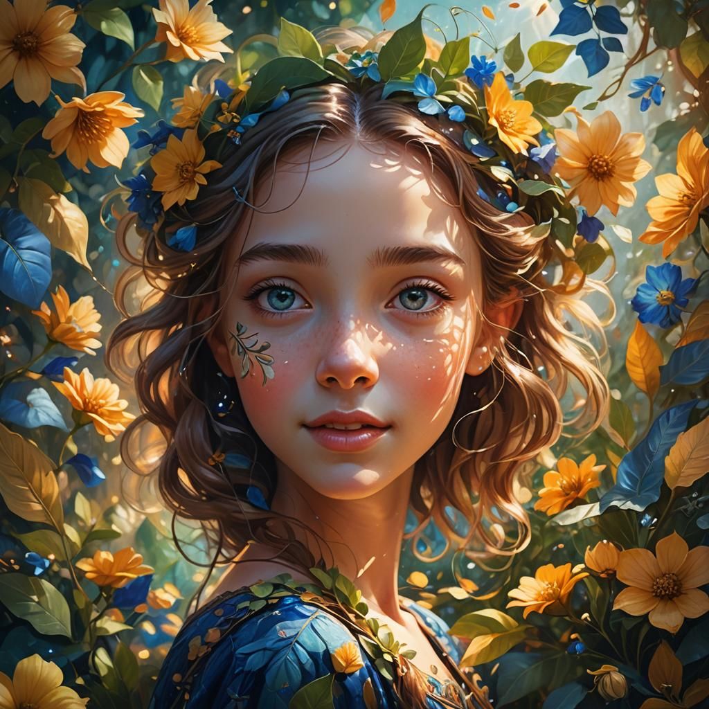 Joyful Girl in Floral Fantasy Art Nouveau Style