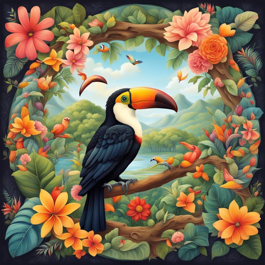 Colorful Toucan Bird with Tree of Life