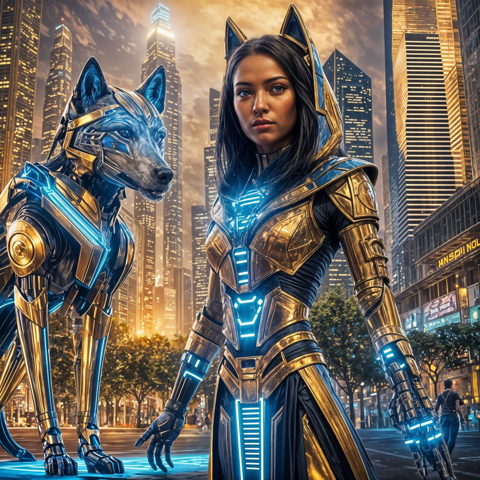 A futuristic, amber-skinned Egyptian queen adorned in a hybrid ninja-robotic costume with vibrant metallic blue and gold...