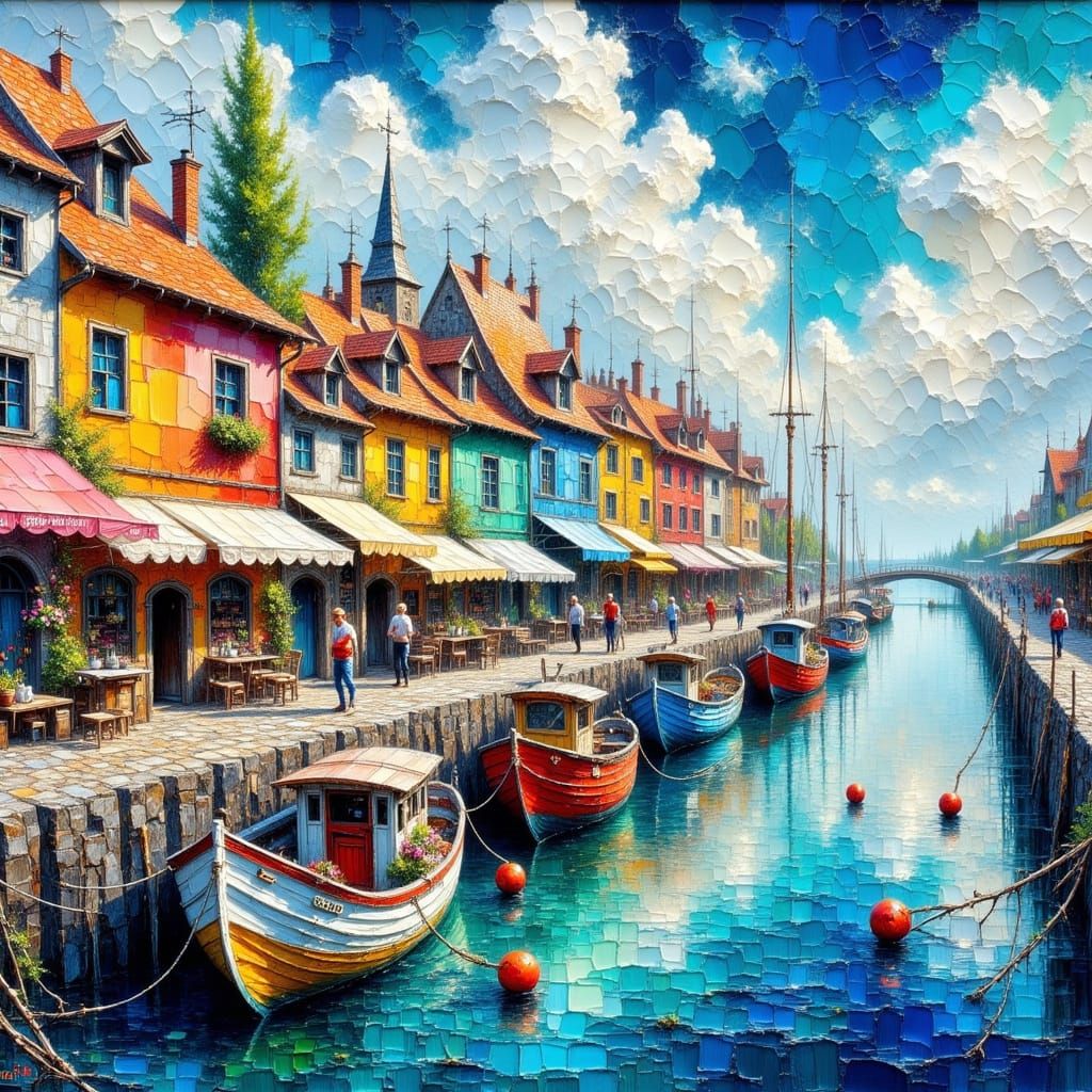 Idyllic Port Town with Colourful Fishing Boats and Whimsical...