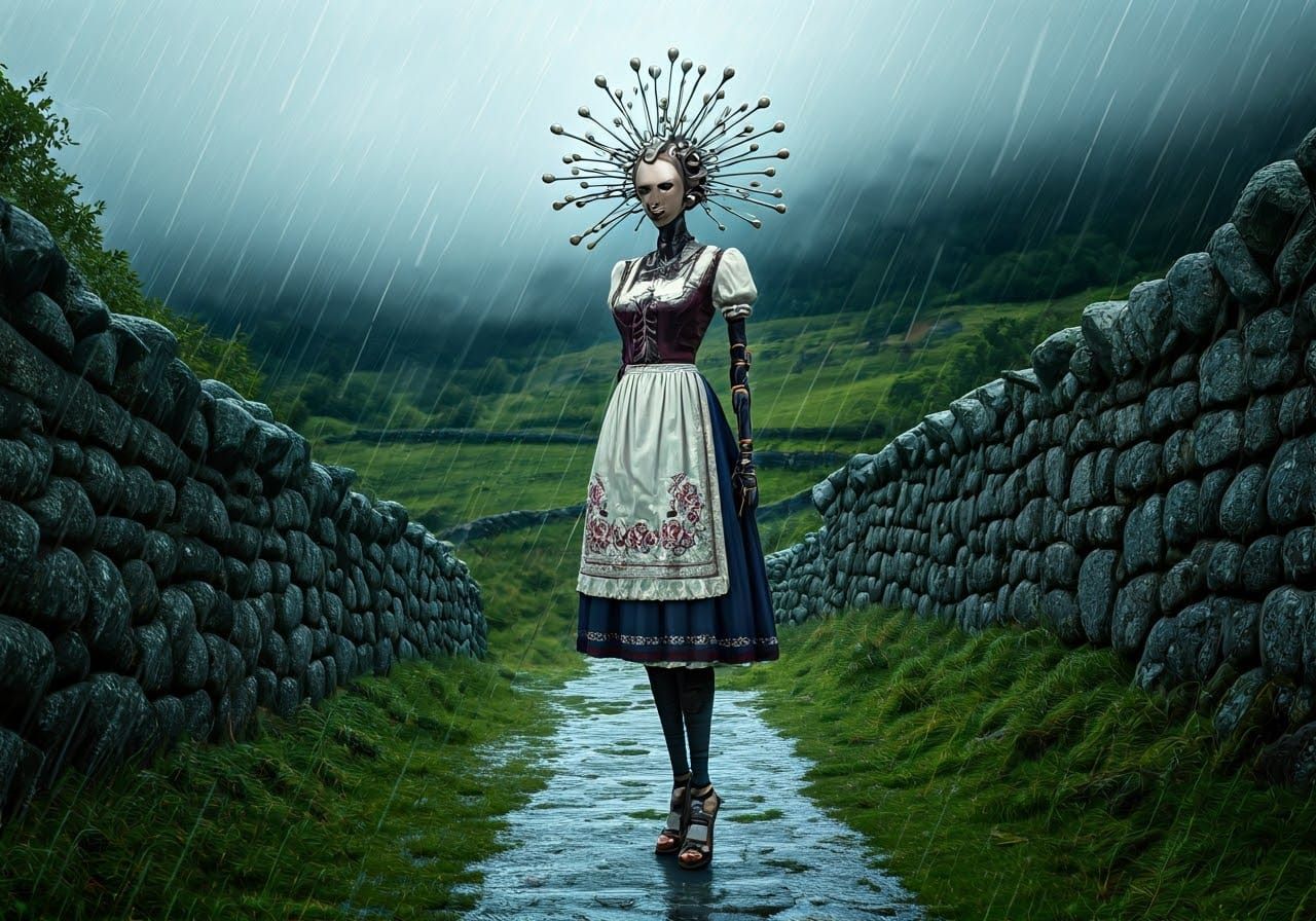 Elegant Robot in Galician Dress on Rainy Day