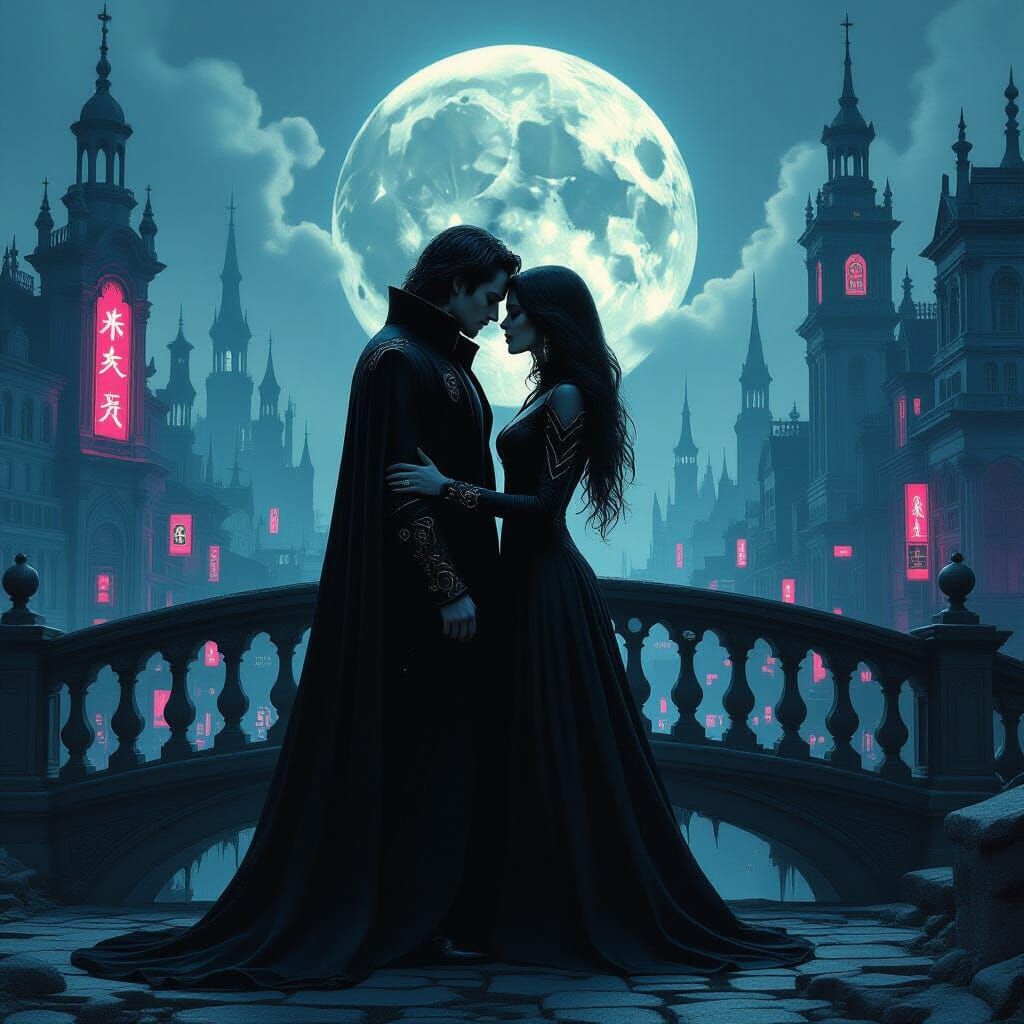 Gothic Cyberpunk Lovers on Moonlit Bridge