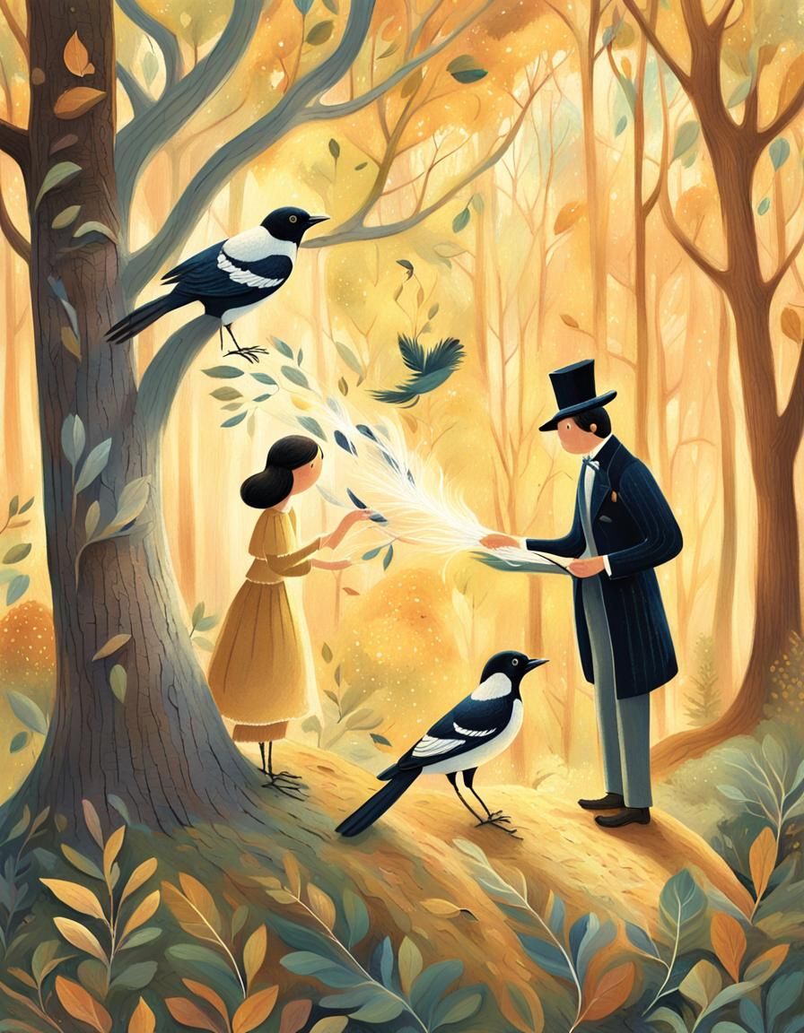 Mr. Magpie's Gift: A Whimsical Storybook Scene