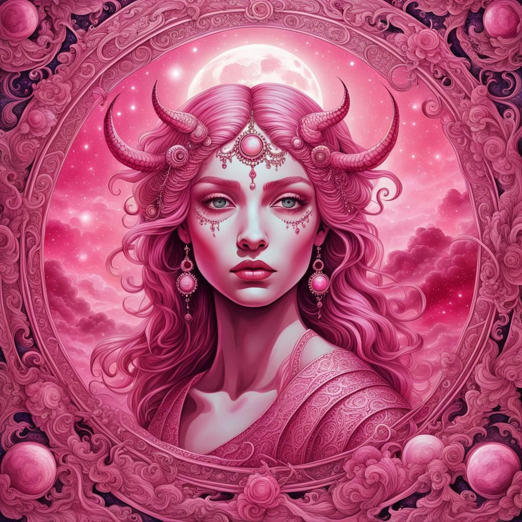 Pink Full Moon Goddess in Surreal Psychedelic Art