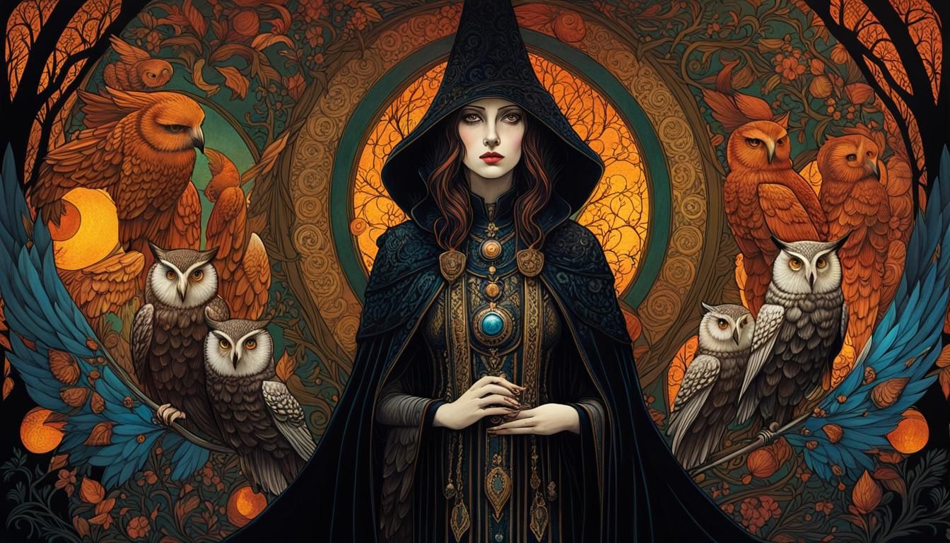 Strix Witch and Owl Army in Art Nouveau Style