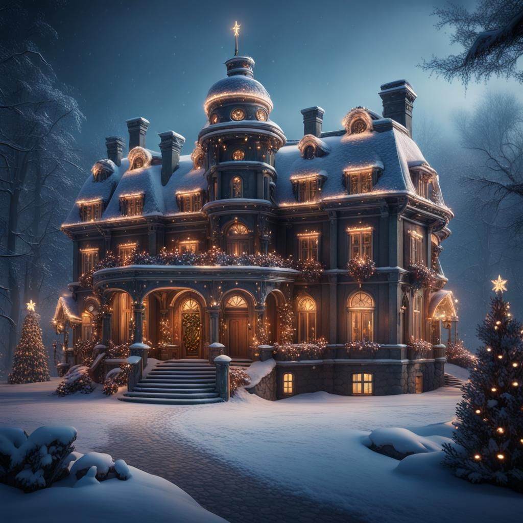 Snowy Christmas Mansion in Winter Woods