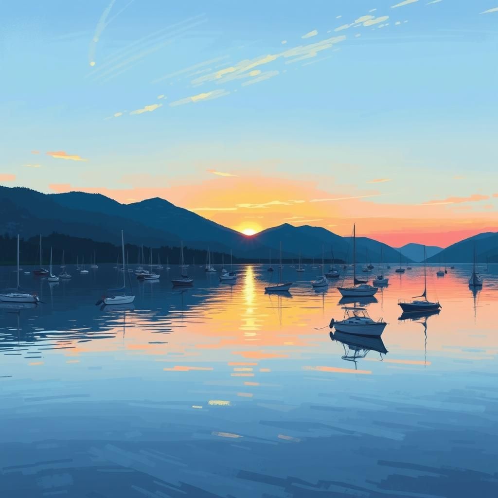 Tranquil Bay at Dawn in Pixelated Oil Painting Style