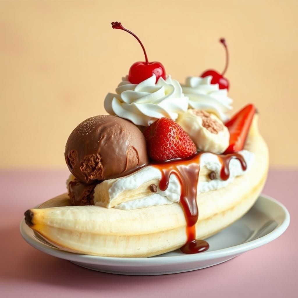 Hyperrealistic Banana Split with Ice Cream and Cherry