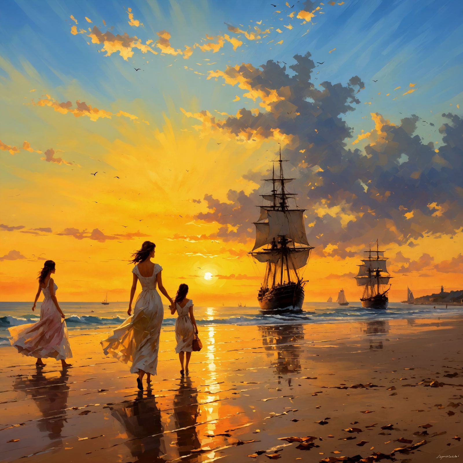 Beach Sunset in 19th Century Style