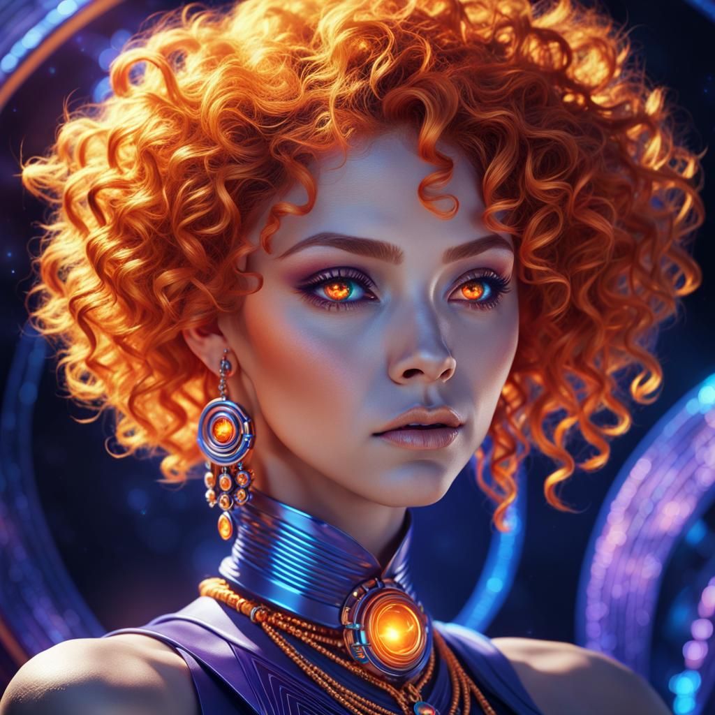 Fantasy Woman in Vibrant Orange Futuristic Jewelry