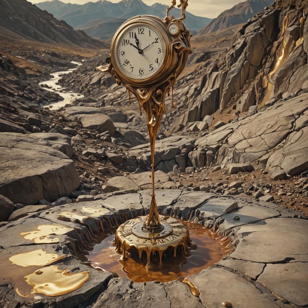 Surreal Melting Clock on Rocky Terrain as Oil Painting