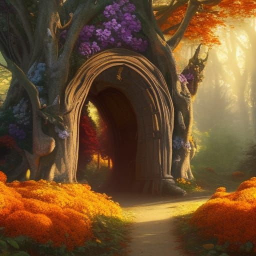 High Gothic Fairycore Mushroom Portal in Autumn Forest