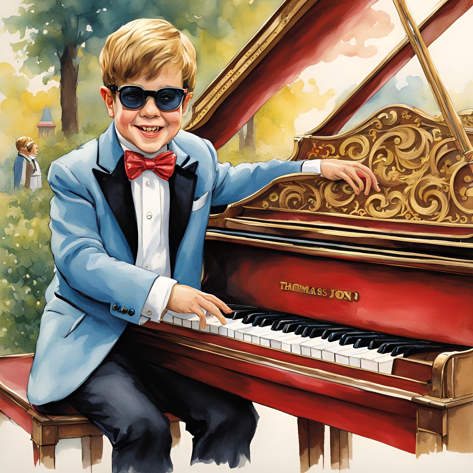 Young Elton John's Piano, Storybook Watercolor