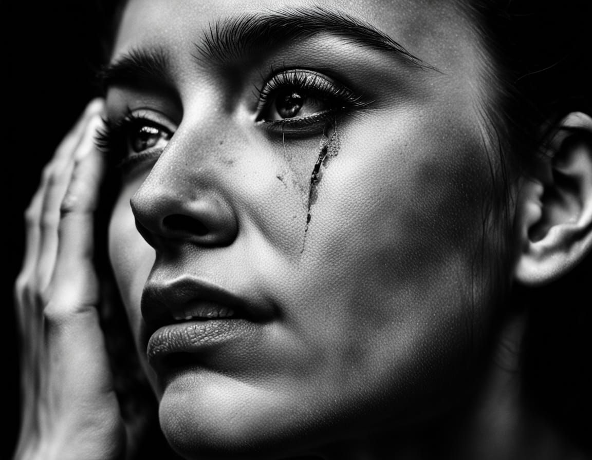 Monochrome Portrait of Woman Crying in Dramatic Lighting