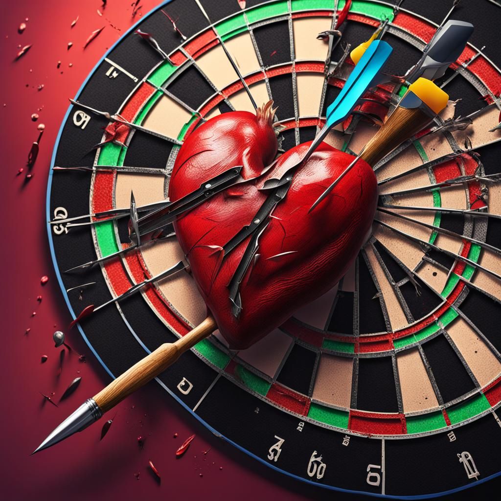Hyperrealistic Heart Nailed to Dartboard with Dagger