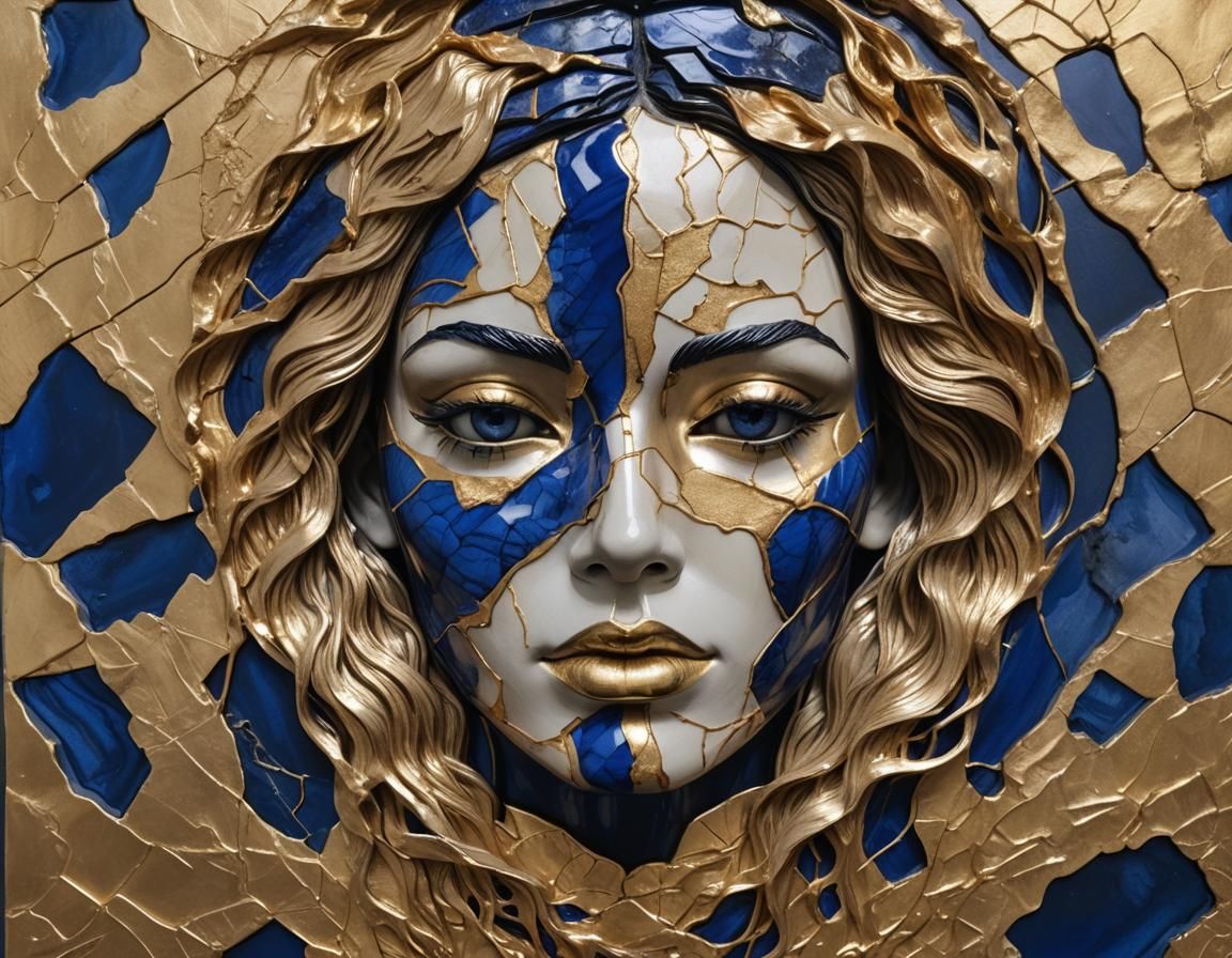Lapis Lazuli Bas-Relief Mask with Gold Kintsugi