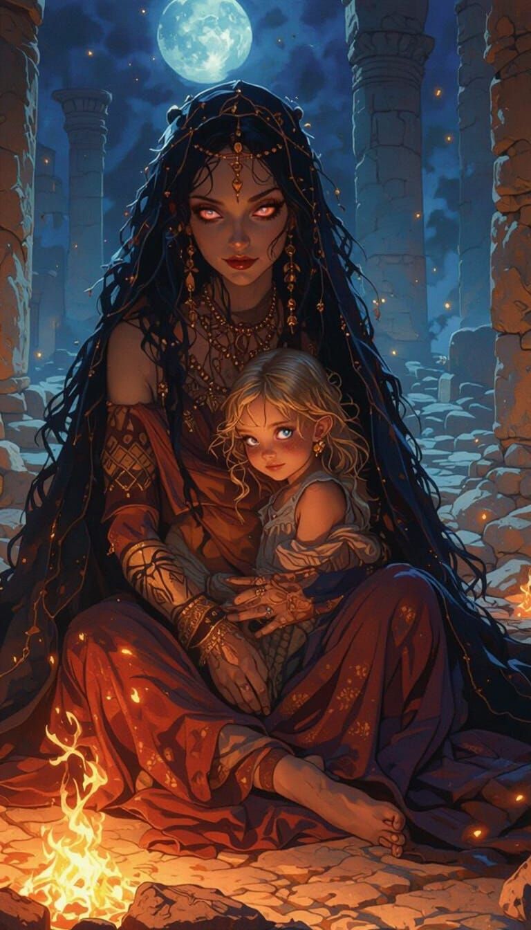 Stygian Witch Cradling Orphan Girl: Folklore Illustration