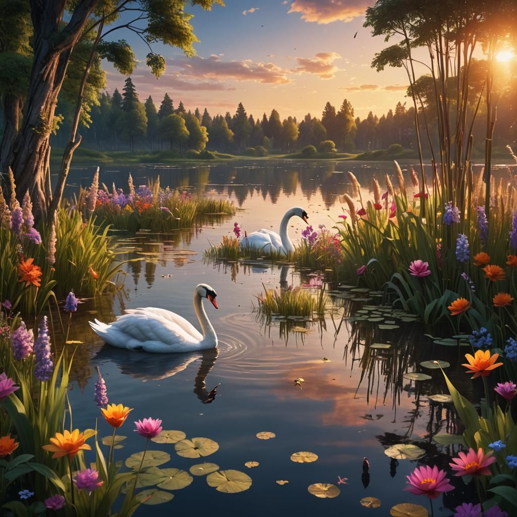 Swan at Summer Sunset: Detailed Matte Painting