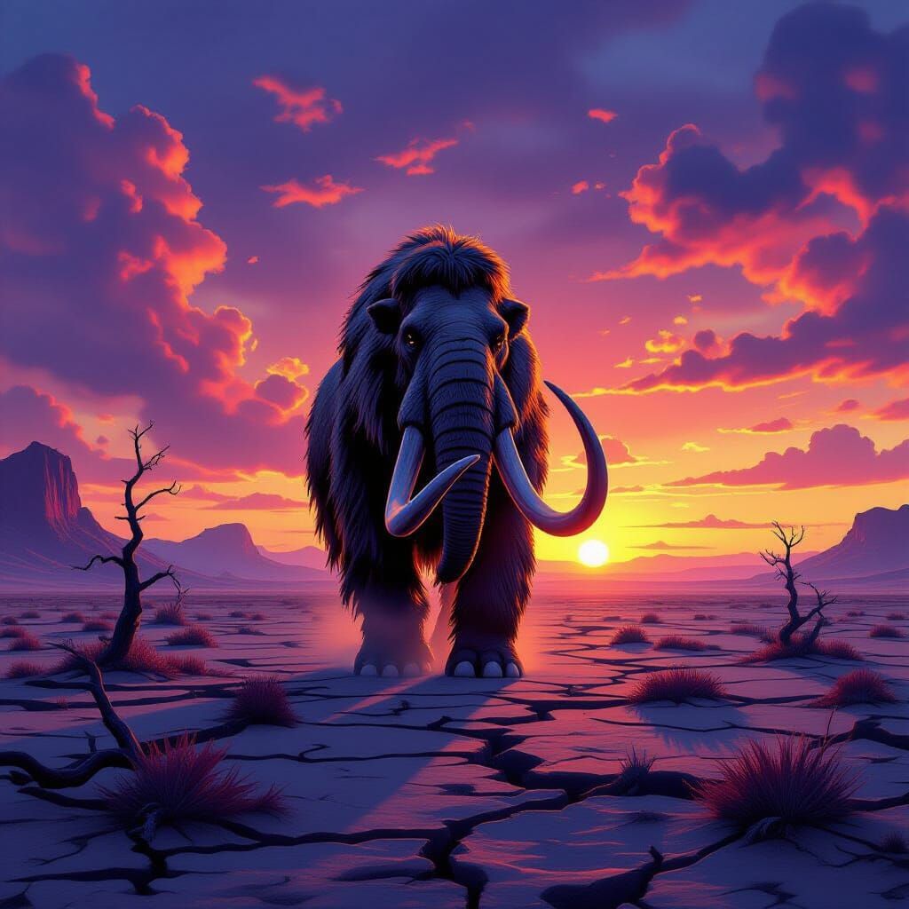 Mammoth Silhouetted Against Post-Apocalyptic Sunset