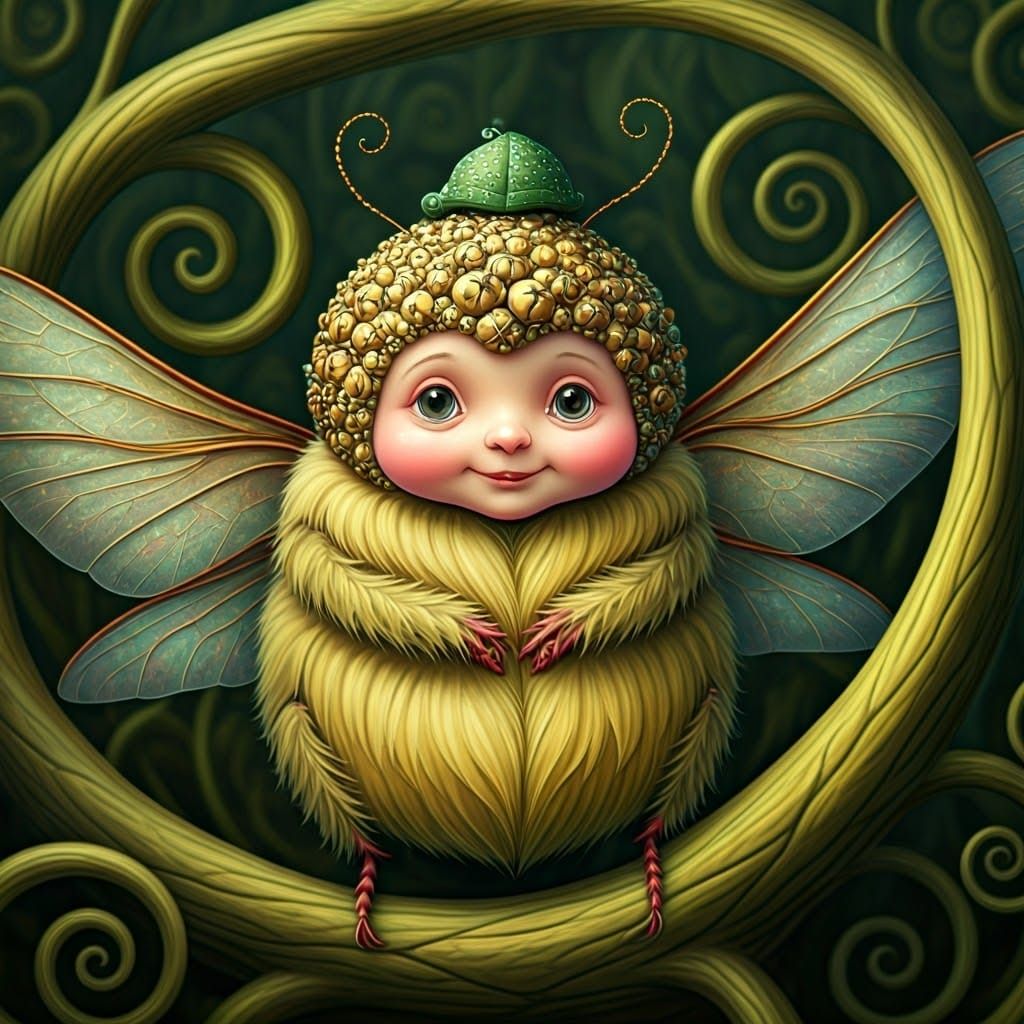 Mischievous Creature with Iridescent Wings and Bells