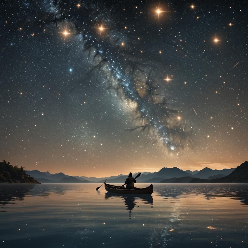 Night Ocean Canoe Gliding Through Stars