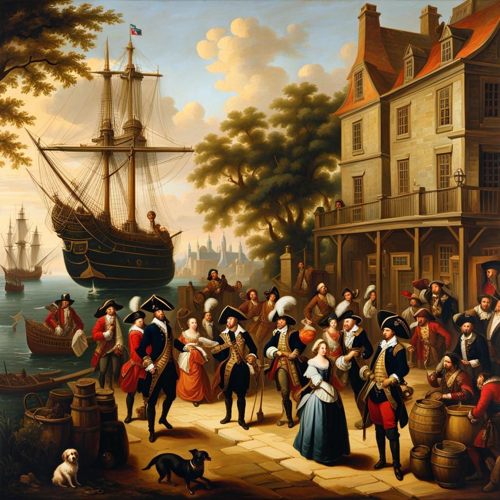 Golden Age of Piracy Port Scene as Oil Painting