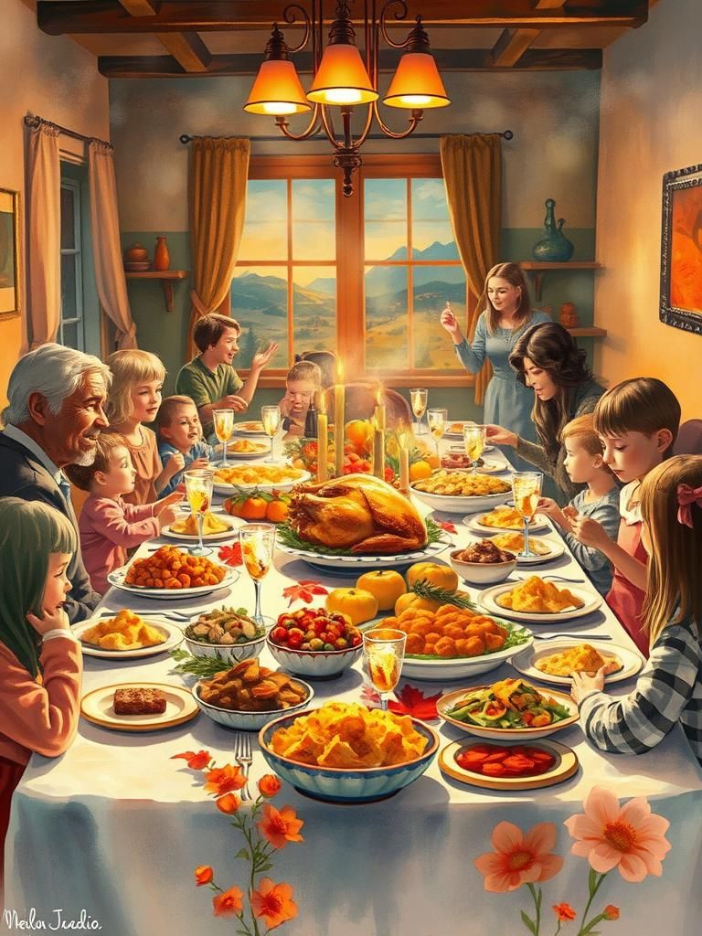 Thanksgiving Dinner with Family in Watercolor Style