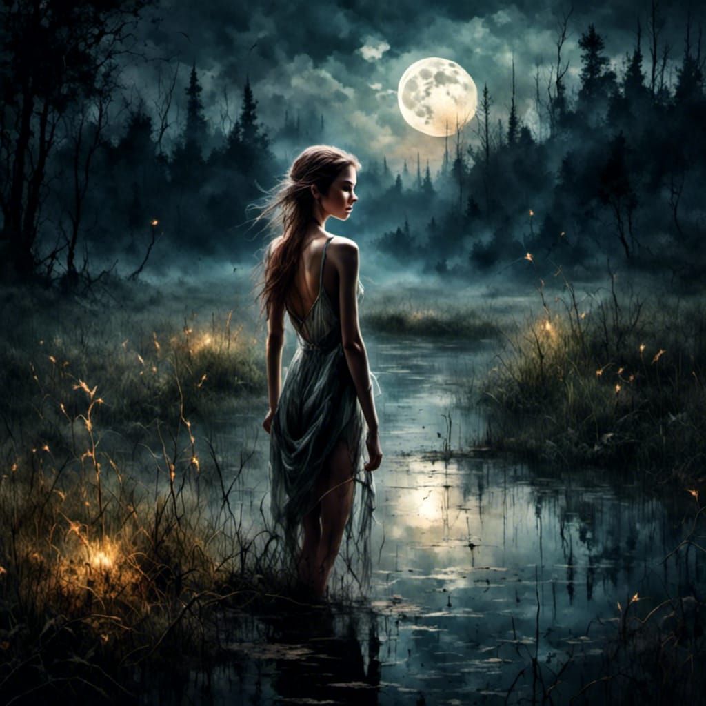 Realistic Night Lake Scene with Girl Bathing