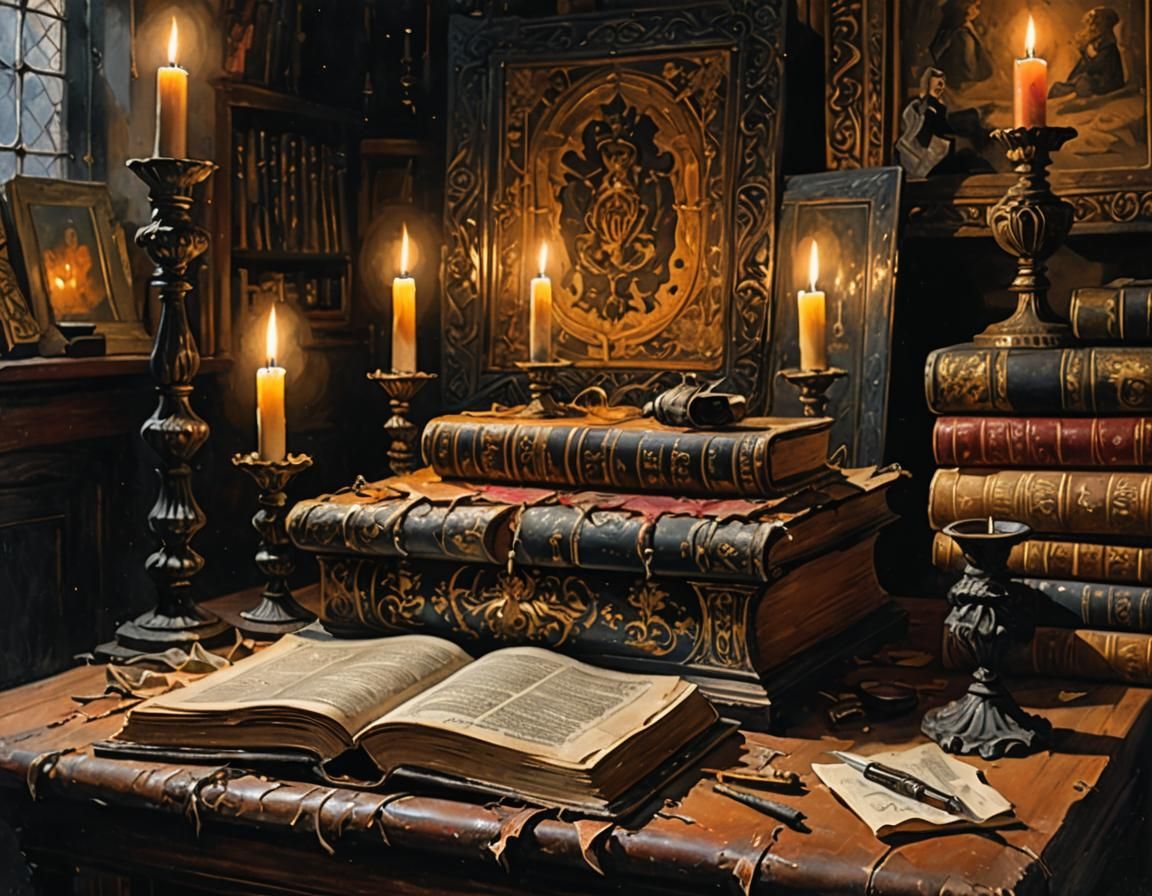 Ancient Book in Attic: Impressionist Gouache Masterpiece