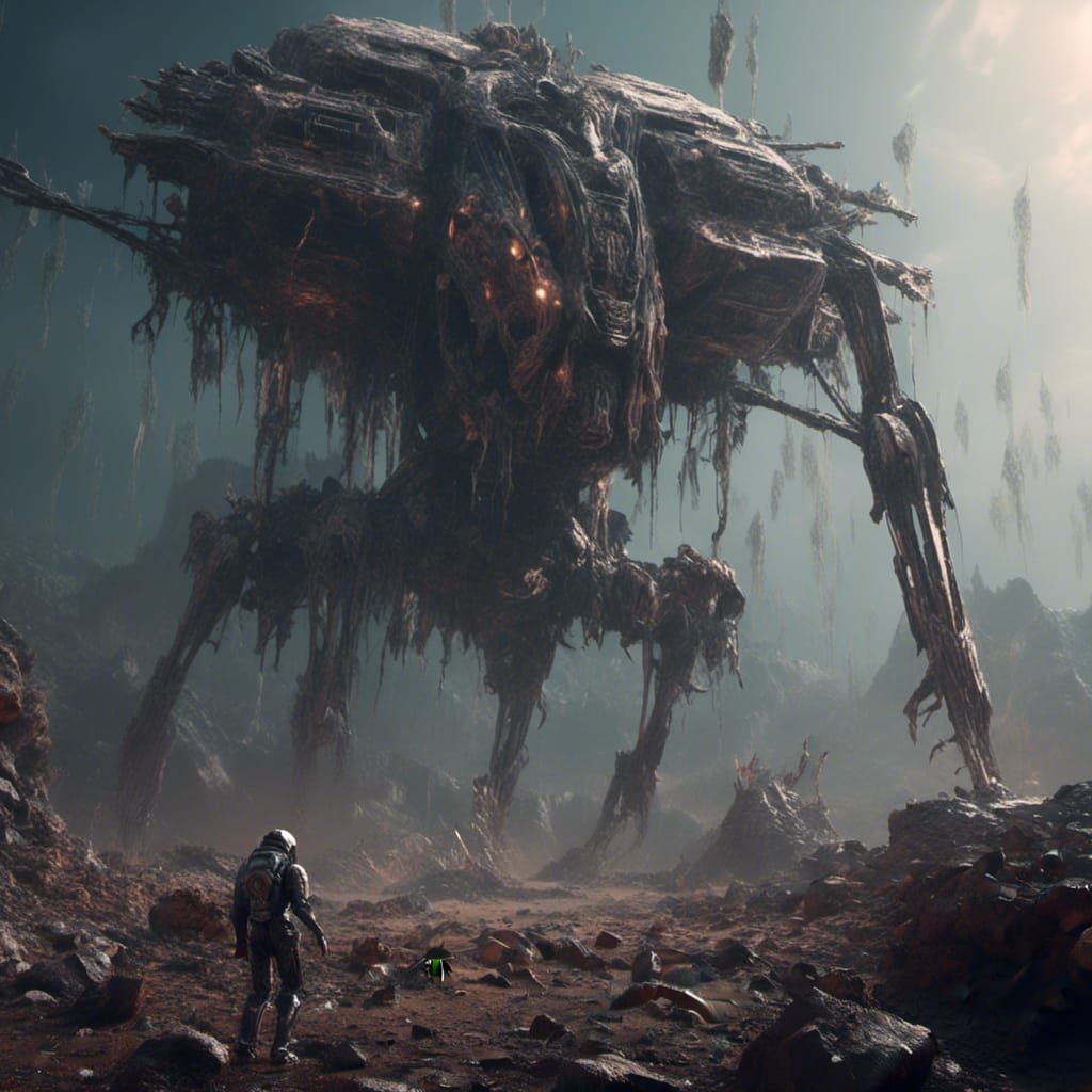 Cinematic Alien Planet with Intricate Mech Details