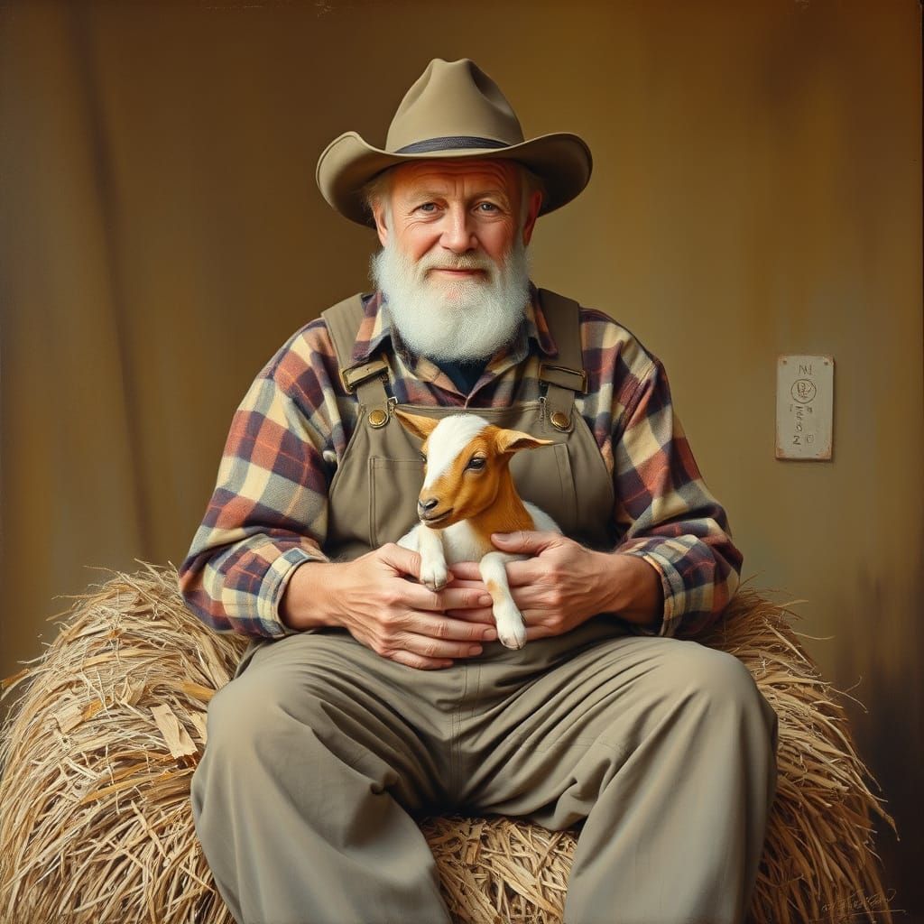 Rustic Portrait of Gentle Farmer with Baby Goat