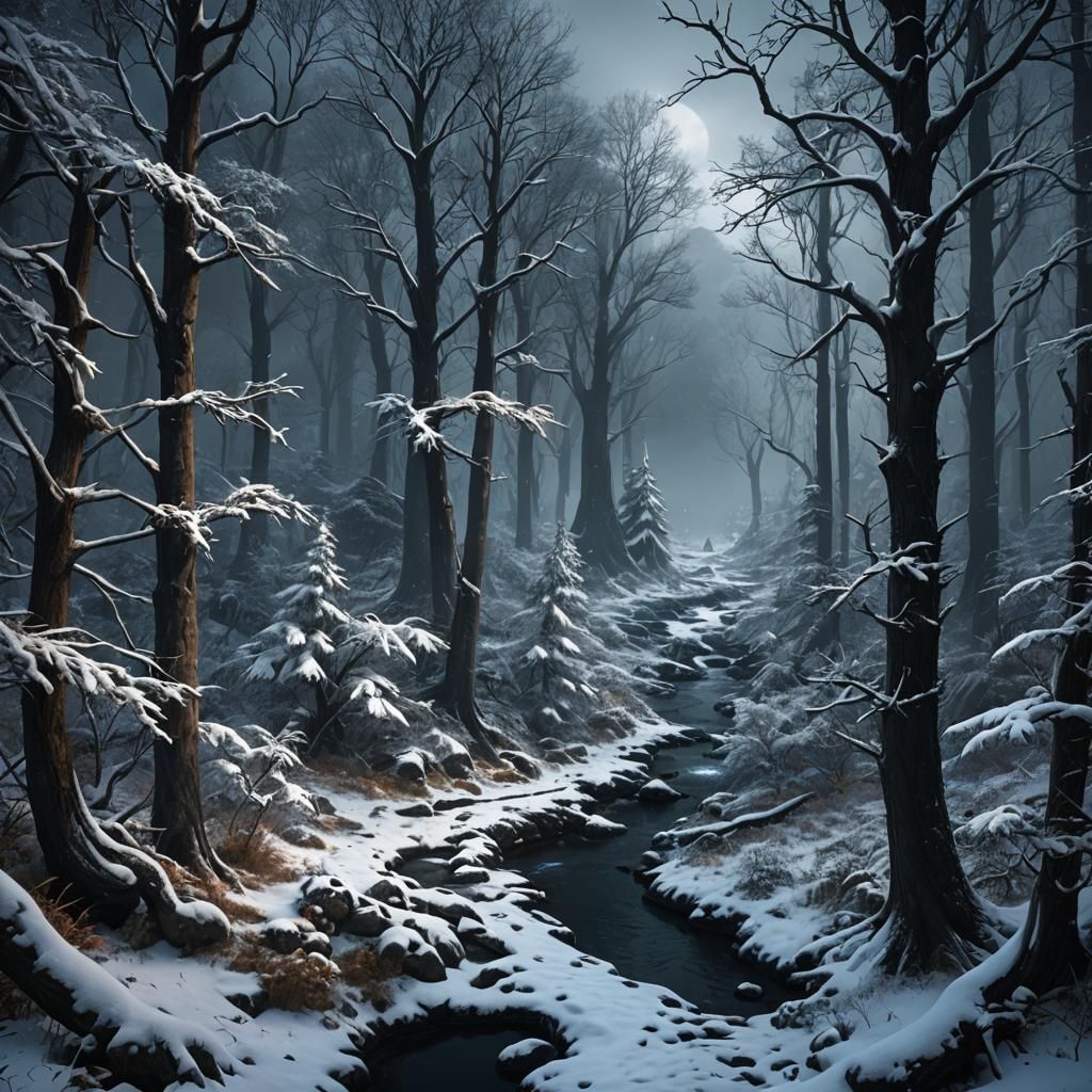 Dark Snow Forest Interior in Detailed Matte Painting