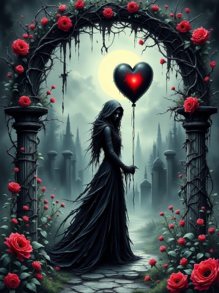 Ethereal Ghost with Black Heart Balloon in Moonlit Garden