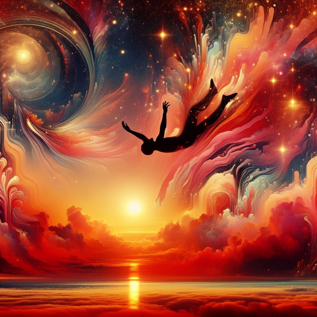 Surreal Falling Figure in Art Nouveau Sunset