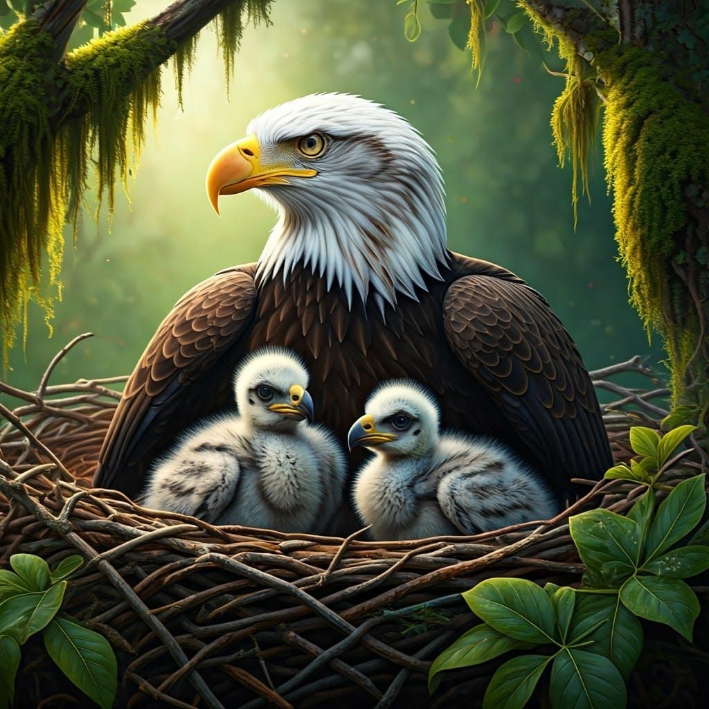 Majestic Bald Eagle Family in Dreamlike Landscape