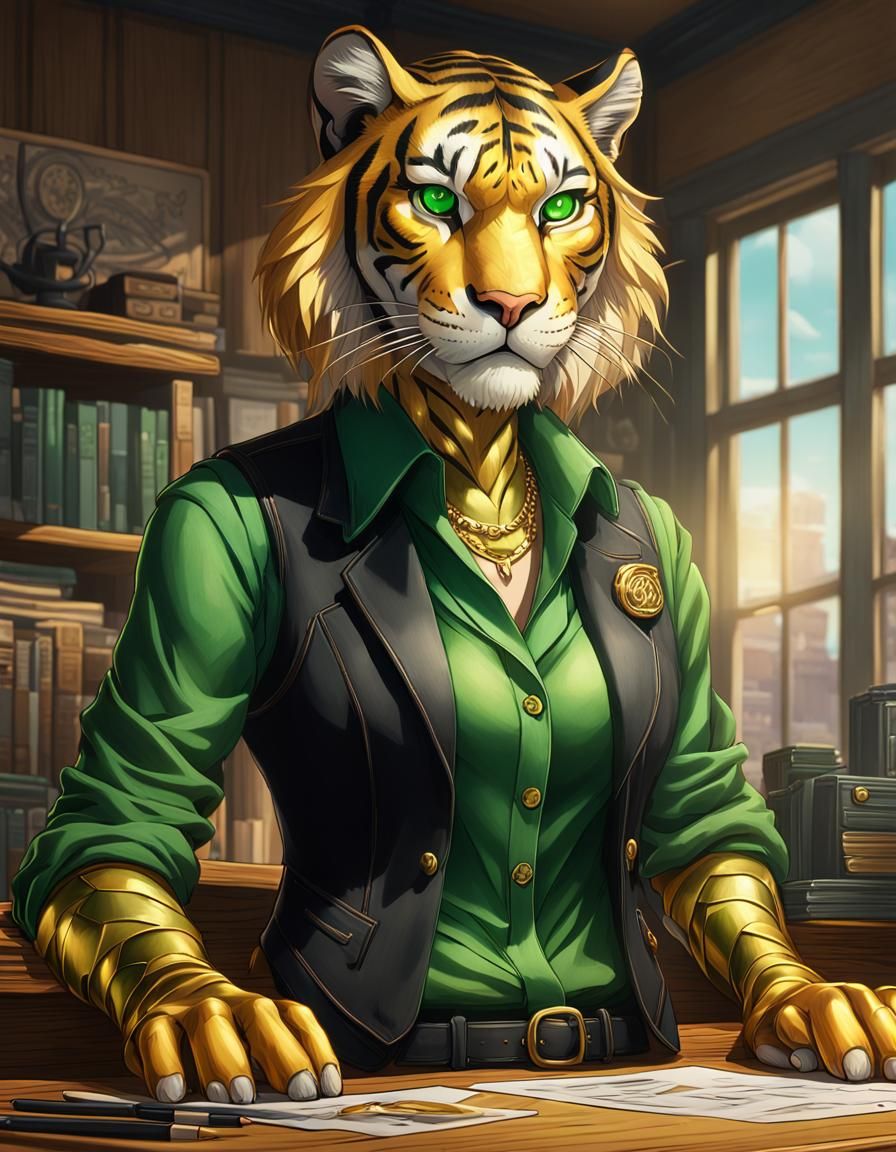 Confident Gold Tiger Detective in Anime Style