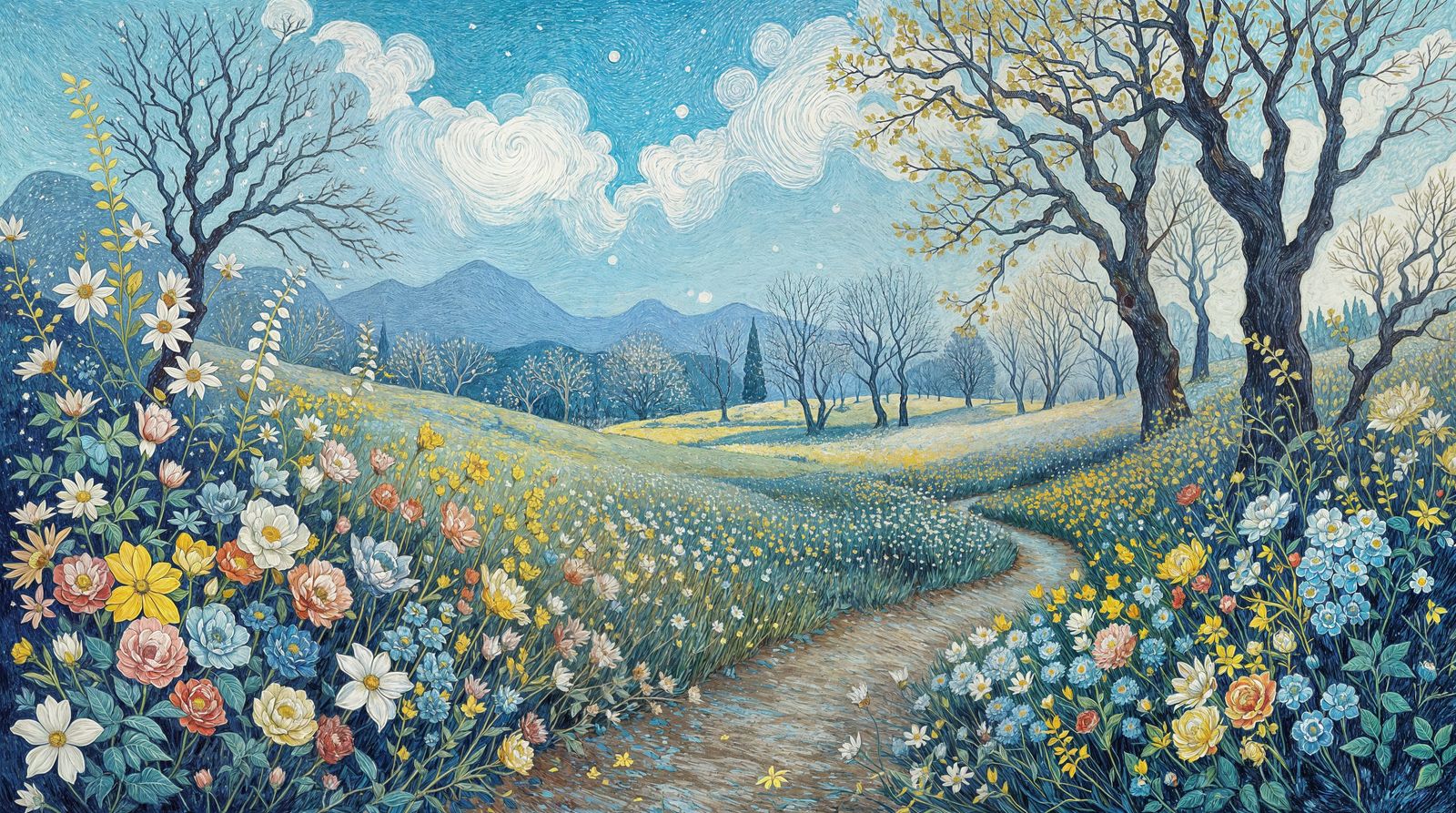 Blooming Garden Transitions to Winter Wonderland in Blue Hue...