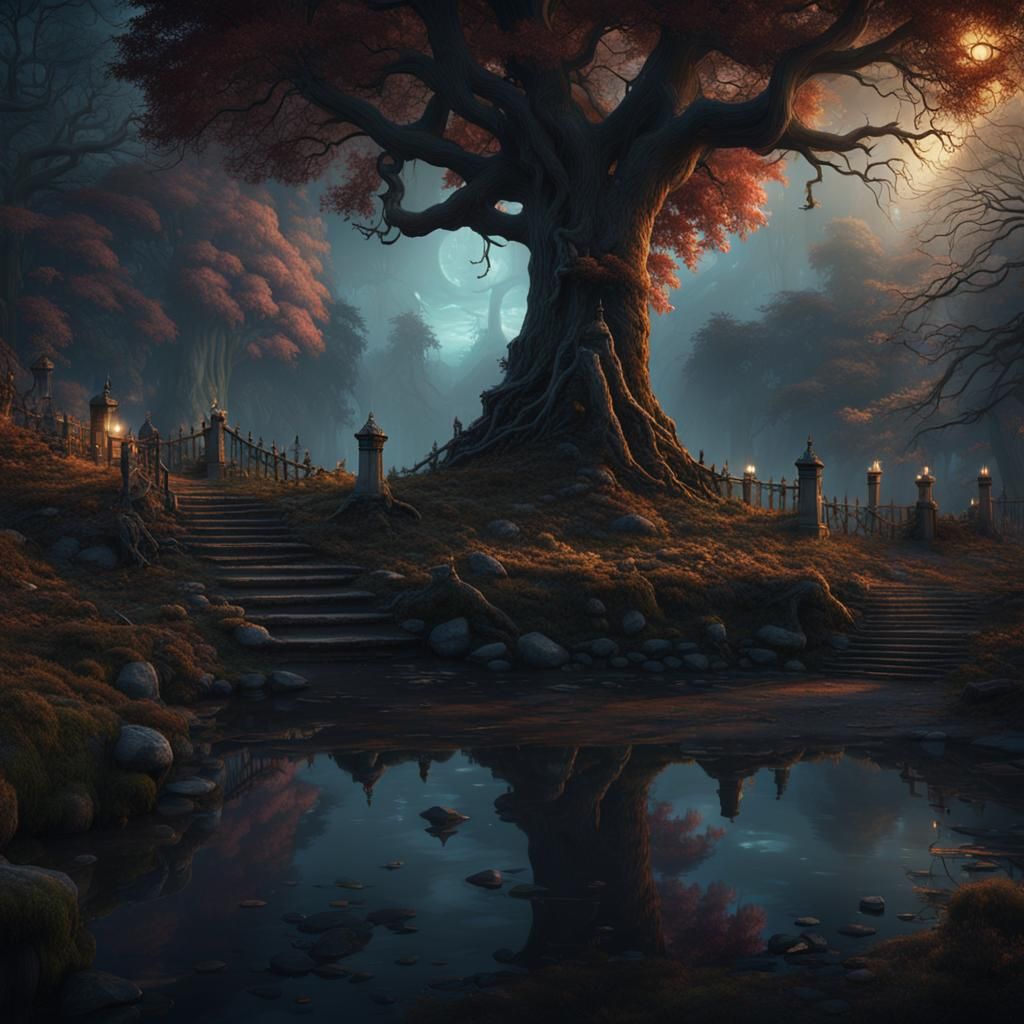 Eerie Lakeside Forest in Pre-Raphaelite Style