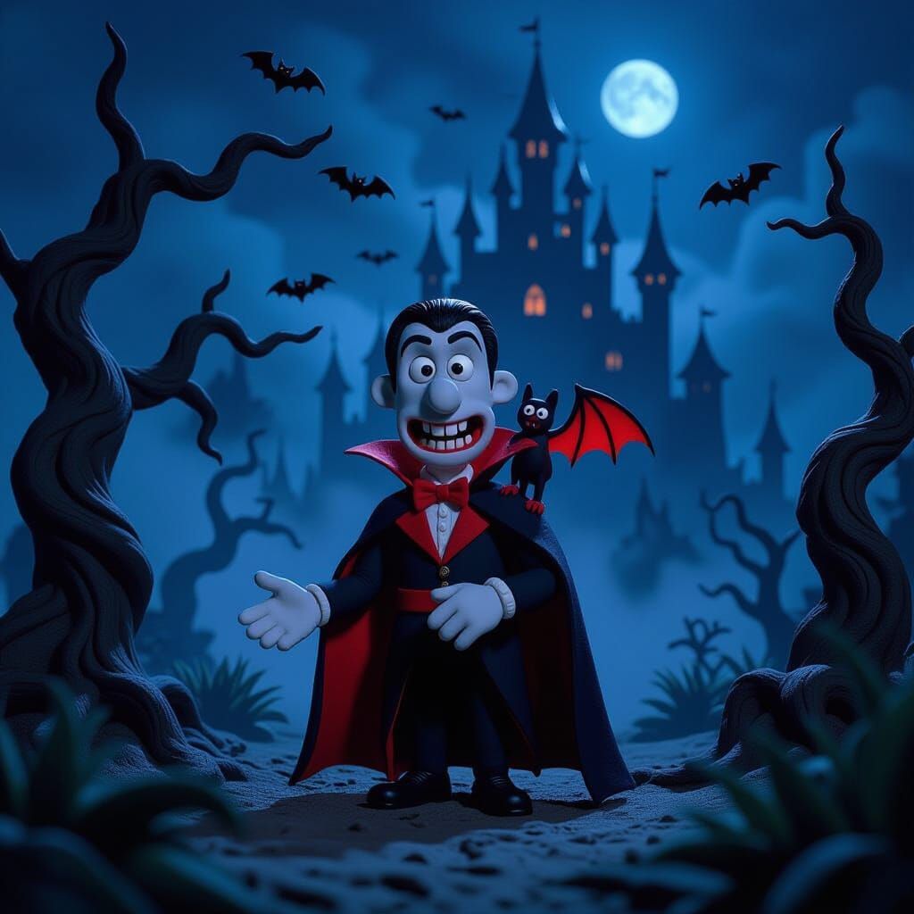 Claymation Dracula in Haunted Forest, Gothic Castle