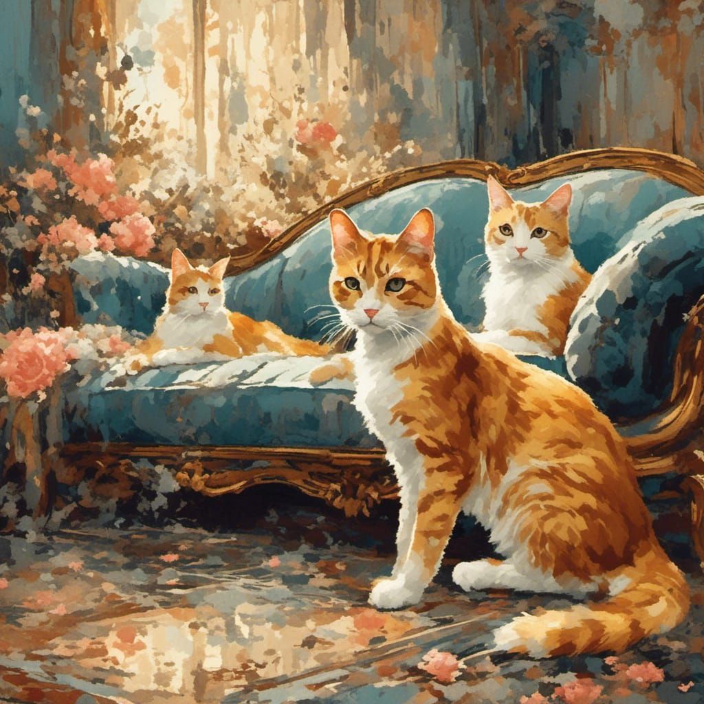 Impressionistic Cats on Velvet Couch in Golden Light