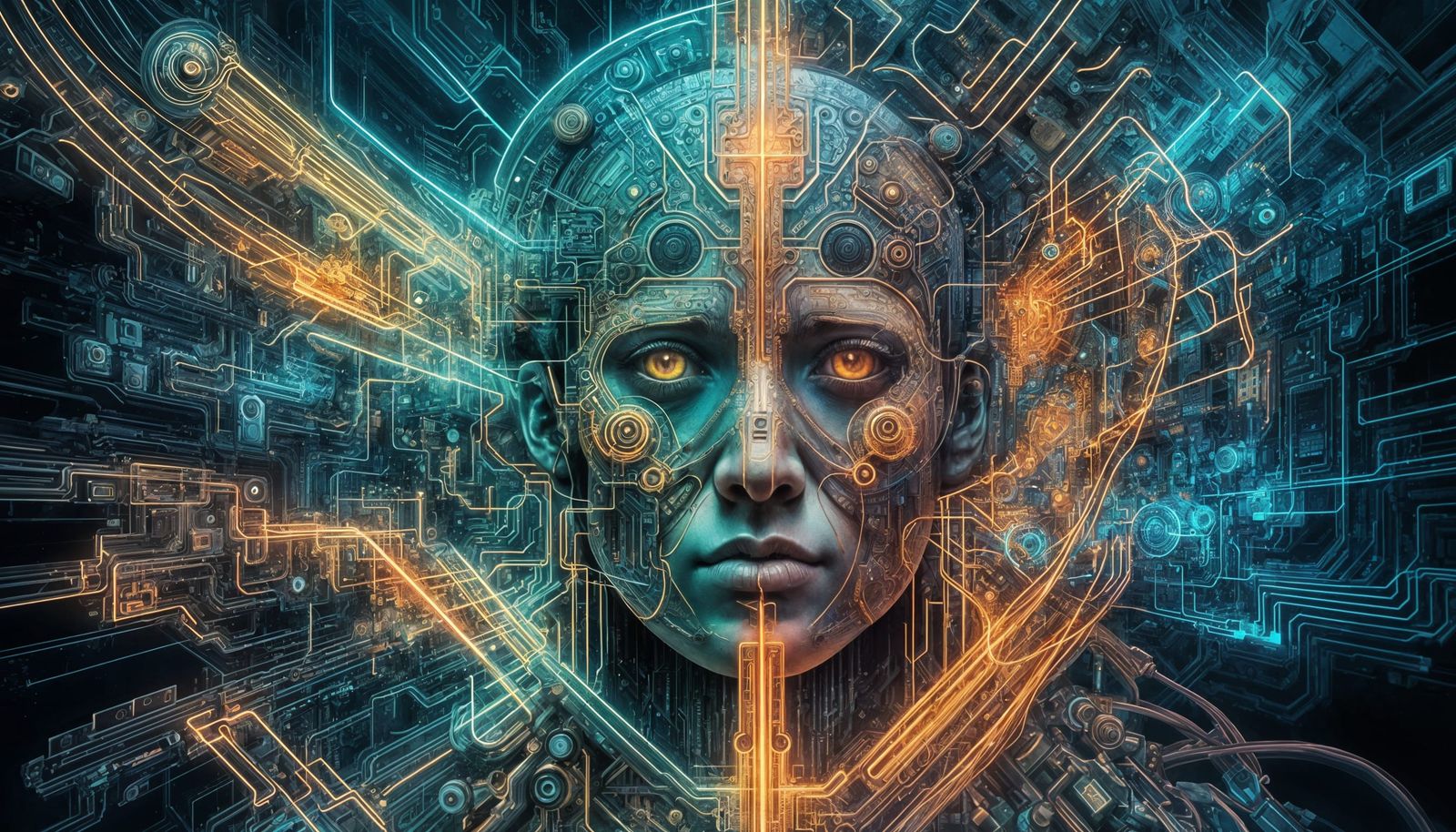 Steampunk Portrait with Circuitry and Neon Accents