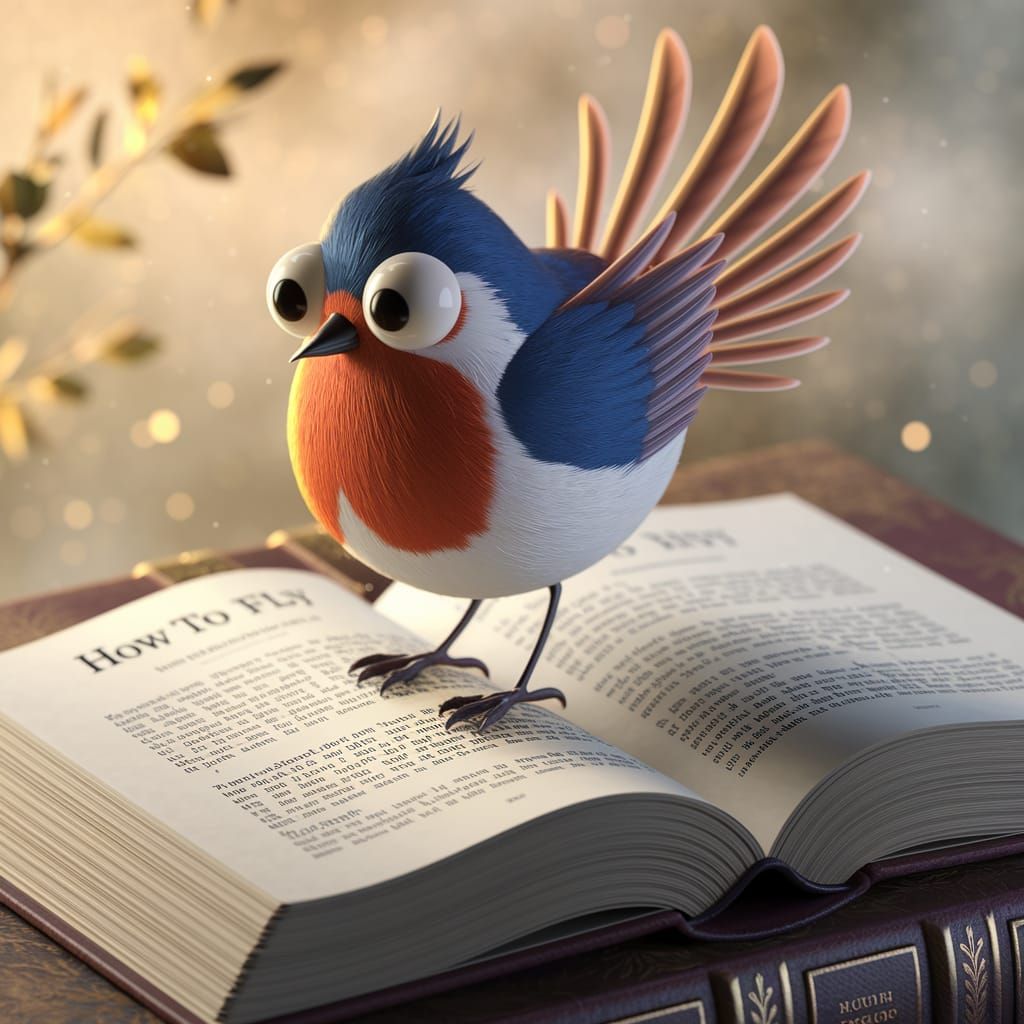 Enchanted Robin Reads 'How to Fly' in 3D Render
