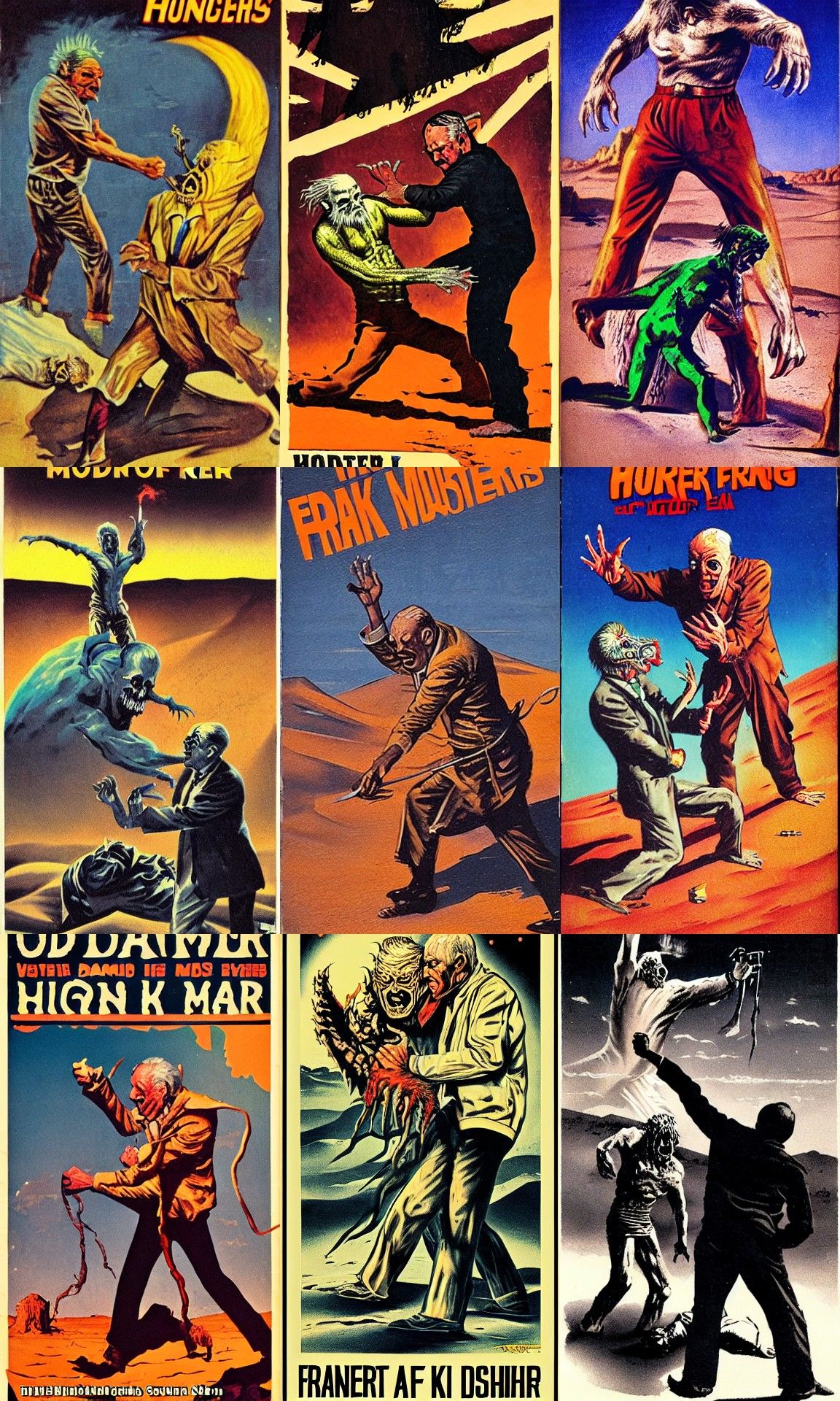 Monsters Battle Old Man in Desert Horror Poster