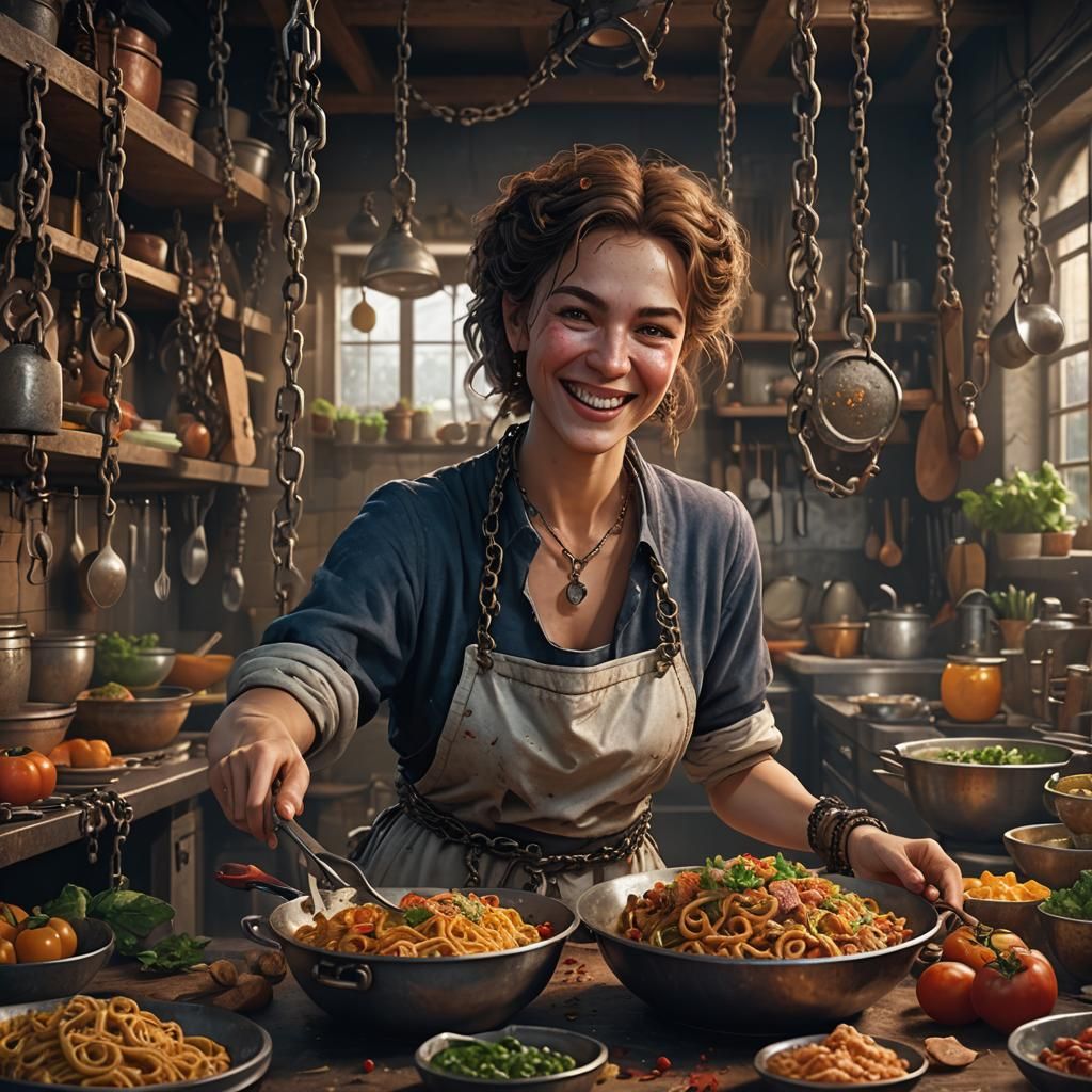 Bound Woman Cooking: Detailed Fantasy Art